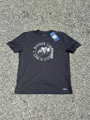 Life Is Good Dinner Time Mens Grizzly Bear Grey T Shirt Crusher Tee Top Med NWT