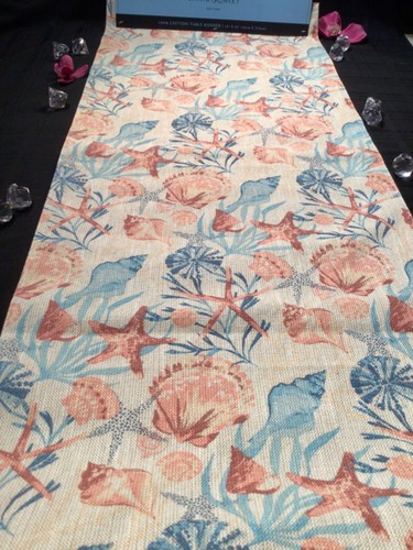 Cynthia ROWLEY Table runner COASTAL shells Fabric 16 x 90 beach coral blue tan - Picture 4 of 5