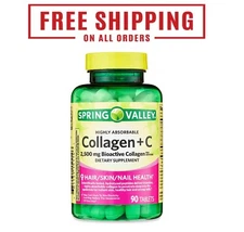 Spring Valley Highly Absorbable Collagen + C Tablets Dietary 2,500 mg, 90 Ct New