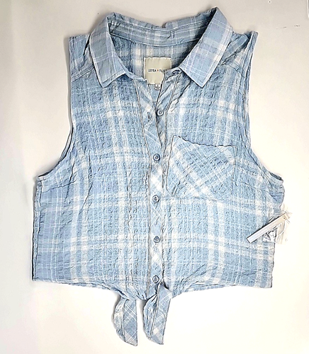 Coastal Cowgirl Ultra Flirt Plaid Collar Sleeveless Button-Up Tie Front Crop Top - 第 1/13 張圖片