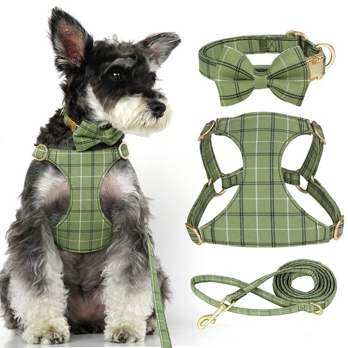 Plaid Puppy Pet Dog Harness &Leash &Bow Tie Collar Set Escape Proof Cat Vest Pug - Picture 14 of 34