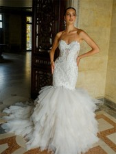 Luxury Mermaid Wedding Dresses Ruffles Strapless Lace Appliques Bridal Gowns-