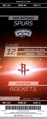 San Antonio Spurs vs Houston Rockets 12/10/2012 Ticket -  Jeremy Lin 38 Points