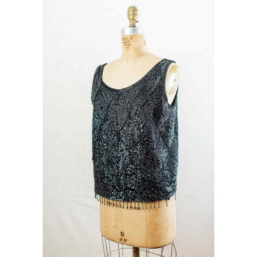 Vintage 60s Sleeveless Beaded Black Black Sequin Fringe Blouse, Flapper, Med - Picture 9 of 11