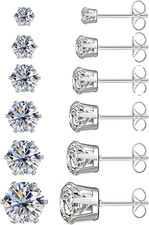 6 Pairs Cubic Zirconia Stud Earrings Set Surgical Steel Hypoallergenic 3-8Mm