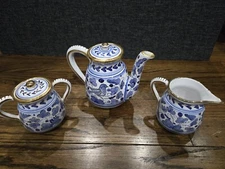 RARE Mario Sambuco Deruta Italy Hand Painted Teapot Creamer Sugar Bowl Set