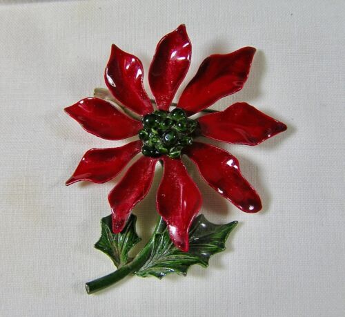 Vintage Emaille WEIHNACHTEN roter Weihnachtsstern Blume Anstecknadel BROSCHE Mid Century Modern