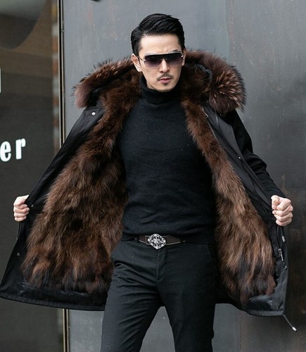 mens Faux mink fur lined long coat fur collar hooded Warm Winter parkas overcoat - Picture 32 of 40