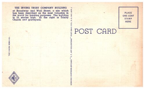 Vintage Irving Bldg. Broadway and Wall Street, New York City Postcard. Unposted - Picture 2 of 2