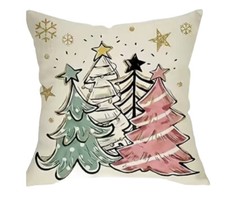 Whimsical TREES Winter Christmas Linen Throw Pillow Cover Holiday Home Decor