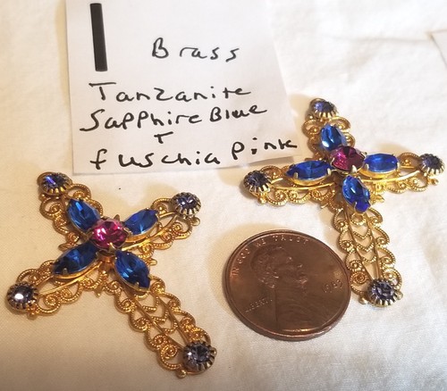 2 Swarovski Cross Pendants 43x33mm on real Brass Filigree Rhinestone Jewelry 917 - Picture 10 of 36