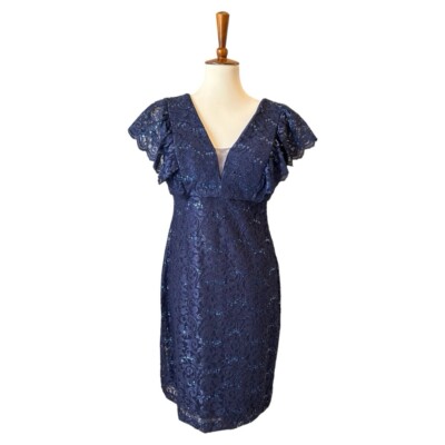 NightWay Blue Cocktail Dress Size 10 All Over Lace & Sequined Knee Length |  eBay