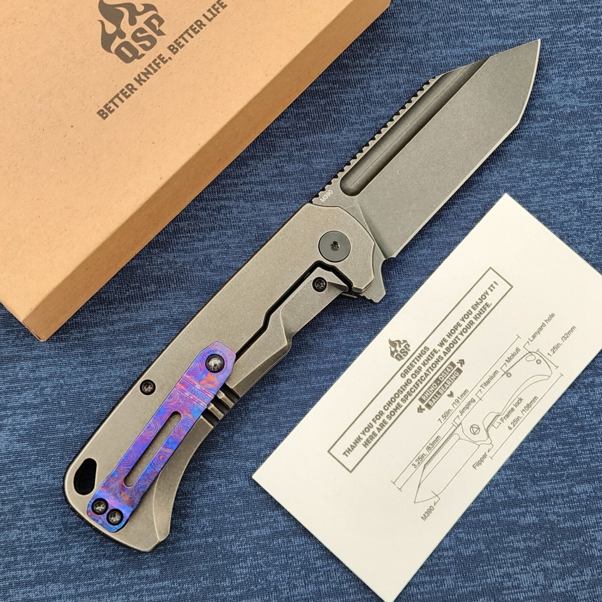 グラスワンダー SP QSP Knives Rhino M390 Black Flat Blade Black Titanium w