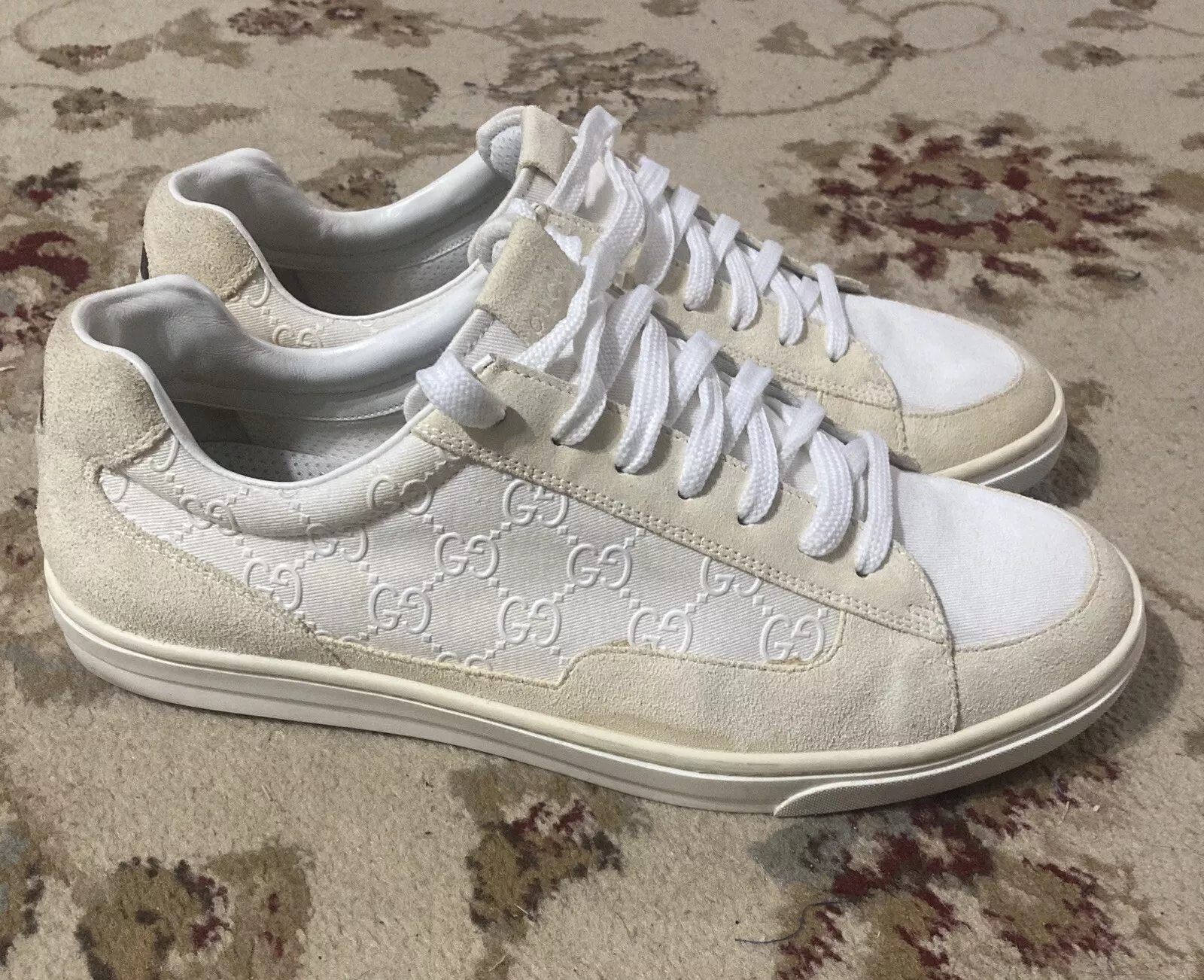 baskets gucci toile X cuir blanc logo GG en relief homme taille 10 5