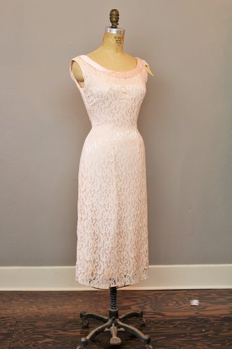 Vintage 1950's Cotton Candy Pink Lace & Satin Cocktail * Wiggle Dress XS - Picture 2 of 6
