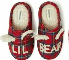 Dearfoams Lil Bear Fleece Red Plaid Slippers Kids Boy or Girl Size 9/10 NEW