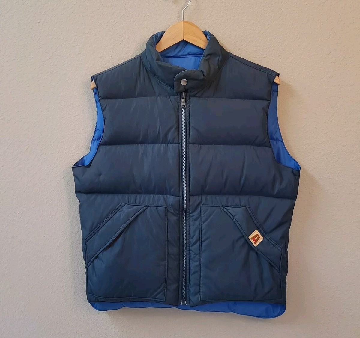 VTG 70s Down Puffer Vest Mens Medium Reversible Solid Blue
