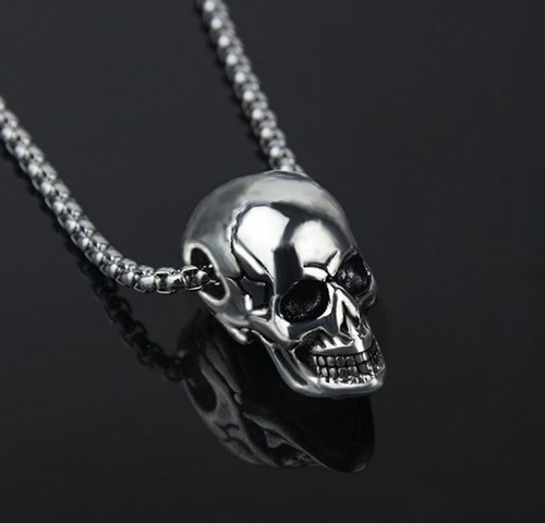 New Gothic Mens Biker Skull Pendant Necklace Men Stainless Steel Chain Silver - 第 2/5 張圖片