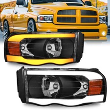 Pair Headlights Led Tube Black Housing For 2002-2005 Dodge Ram 1500 2500 3500