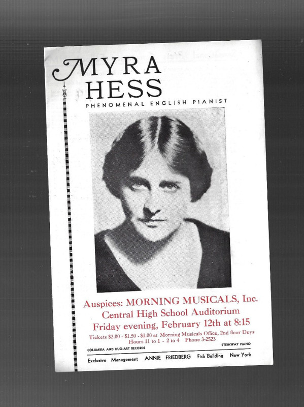 VINTAGE CONCERT FLYER MYRA HESS 1930s PHENOMENAL ENGLISH PIANIST Central HS NYC