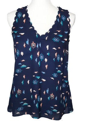 Maeve Turtle Terrapin Print in Navy Blue Semi-Sheer Scalloped Edge Size 6 NWOT