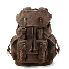 Mens Large Genuine Leather Waxed Canvas Backpack Waterproof Rucksack Travel Bag