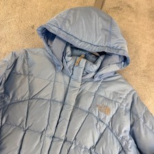 North Face Girls 550 Down Puffer Jacket Hooded Periwinkle Blue Size Large