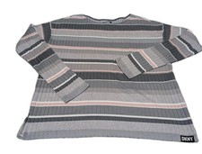 DKNY Womens Sweater Sz M V Neck Long Sleeve Pink Gray Striped
