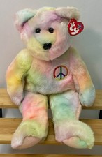 TY Beanie Buddy 1999 14" Peace Bear Tie-Dye Pastel With Unique Design NEW