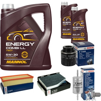 BOSCH Inspektionspaket 7 L MANNOL Energy Combi LL 5W-30 für VW Golf Plus 1.4