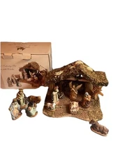 Holiday Brights 11 Piece Porcelain Nativity Set Christmas Wood Creche Manger Vtg