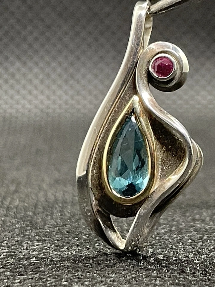 OOAK Hand Made Sterling And 18k Gold Tourmaline And Sapphire Pendant - Image 2 of 4