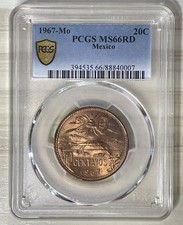 Mexico 1967 - Mo Bronze 20 Centavos Glaring ChBU Coin PCGS MS 66 RD 2nd 22/5