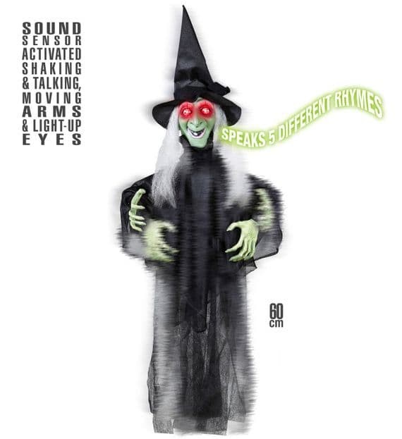 Halloween Animated Talking Witch Shaking Arms Light Up Eyes 60cm