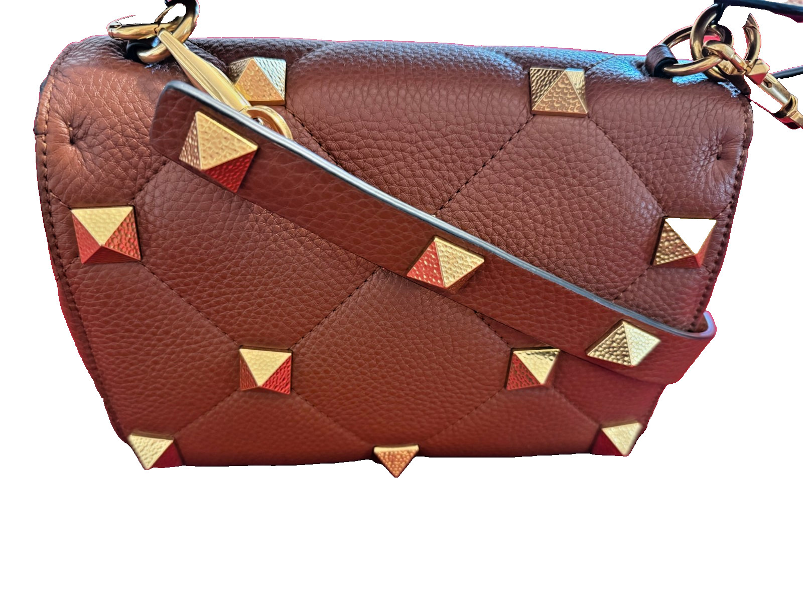 New Valentino Garavani Rockstud Spike Flap Bag Brown Leather Medium Purse image 3