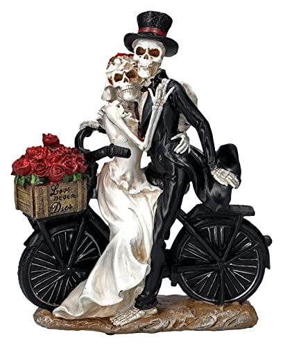 Love Never Dies Newly Wed Skelett Paar Rose Korb Fahrrad Statue 12 Zoll groß - Bild 1 von 3