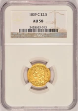 1839-C $2.50 Classic Head Gold Coin NGC AU58 Charlotte Mint Pre-1933
