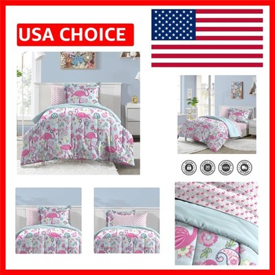 Kids Twin 5-Piece Flamingo Bedding Set - Soft Microfiber Comforter & Sheets