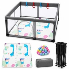 Large Foldable Baby Playpen 127x127cm with Mat and 30 Balls Portable Grey