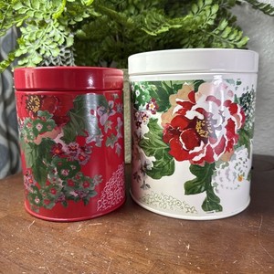 Pioneer Woman Metal Country Garden Floral Tin Canisters Set of 2 Teal Red