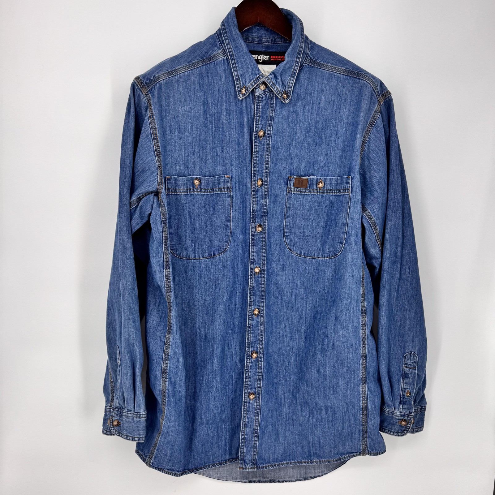 Wrangler Riggs Workwear Shirt Mens LT Blue Denim Long Sleeve Button Down