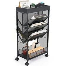 Book Rack Storage Bookshelf, 5 Tier Book Carts with Wheels, Rolling Cart Orga...