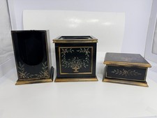 Hand Painted Wood Tole Bathroom Accessories Set Of 3 Black