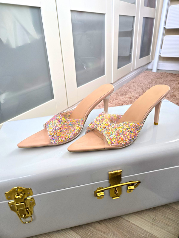 Women's Beige Synthetic Glitter Strap Pointed Toe Slip-On Mule Stiletto Heels 10
