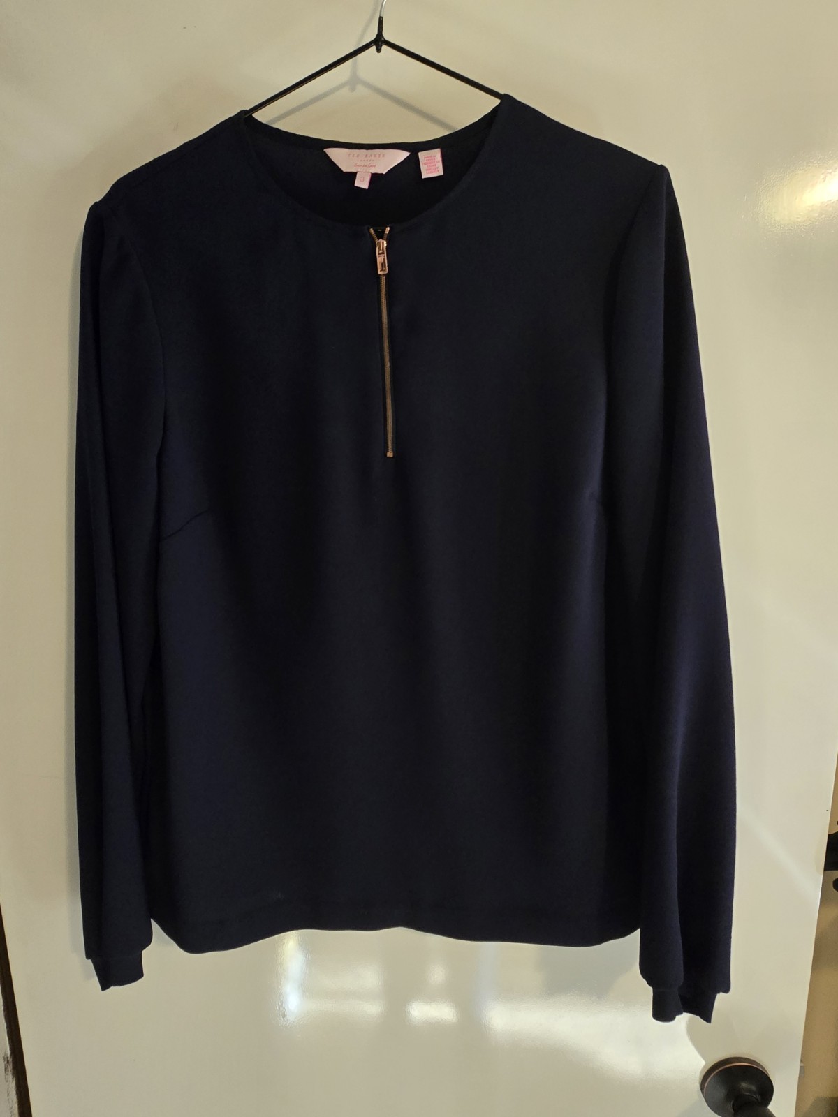 Ted Baker Navy Zip Front Long Sleeve Blouse Round Neck Solid Size 3