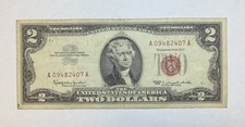 1963 2 Dollar Bill Red Seal Circulated United States of America Jefferson