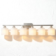 Vanity Light 38" 6 Lights Milk Glass Shade Bathroom Mirror Nickel LED Wall Lamp