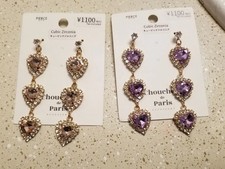 Heart Dangle Earrings Pink and Lavender - Sterling Silver and Cubic Zirconia 2pc