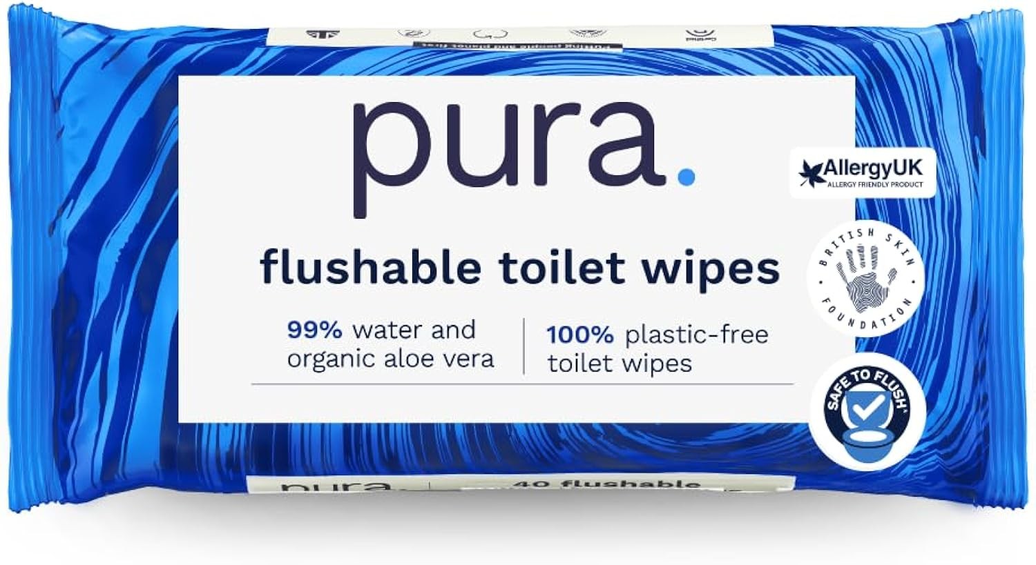 Pura Flushable Moist Toilet Tissue Wipes 40 Wet Wipes Plastic Free Fine to
