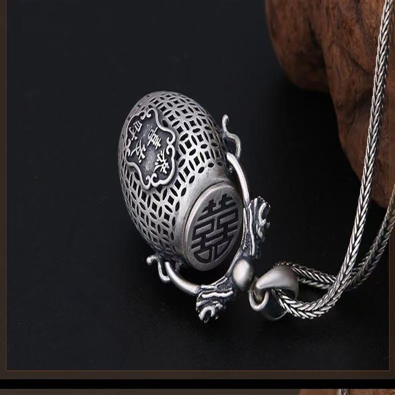 Double Happiness Lucky Ghau Box Pendant Openable Amulet Necklace Vintage Chinese